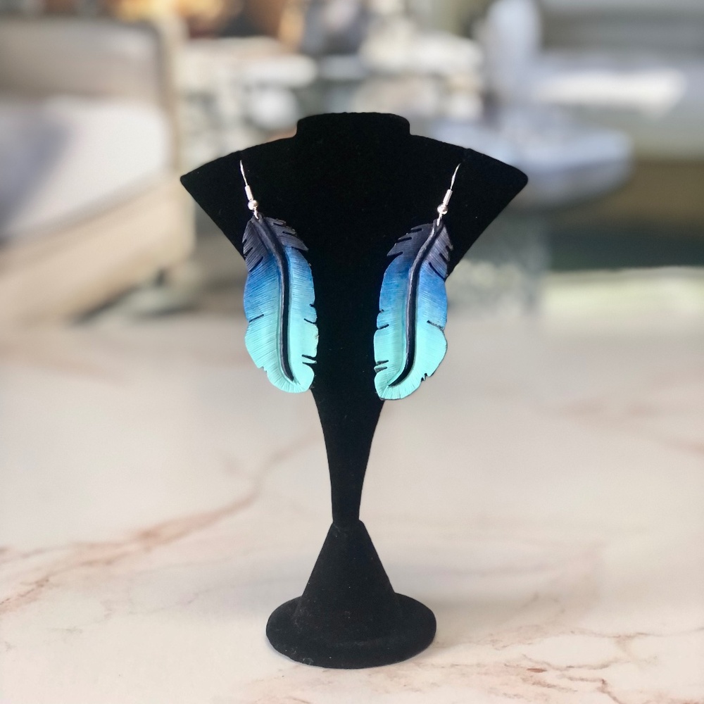 Western Leather Feather Earrings: Hand-Painted Navy Blue, Ombre Style